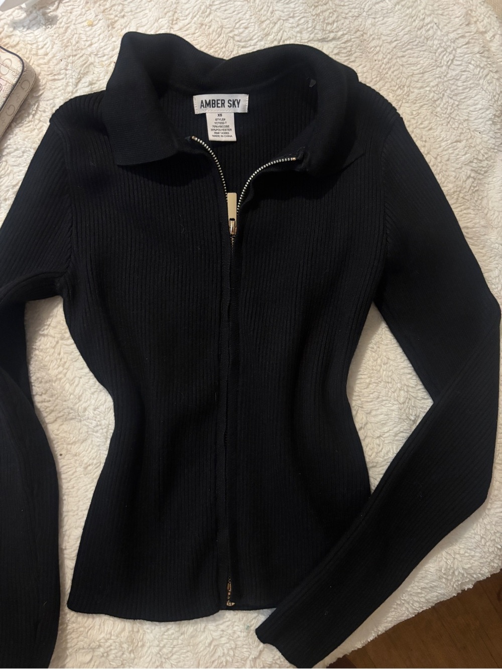 Women's Black Zip-Front Ribbed Cardigan Sweater